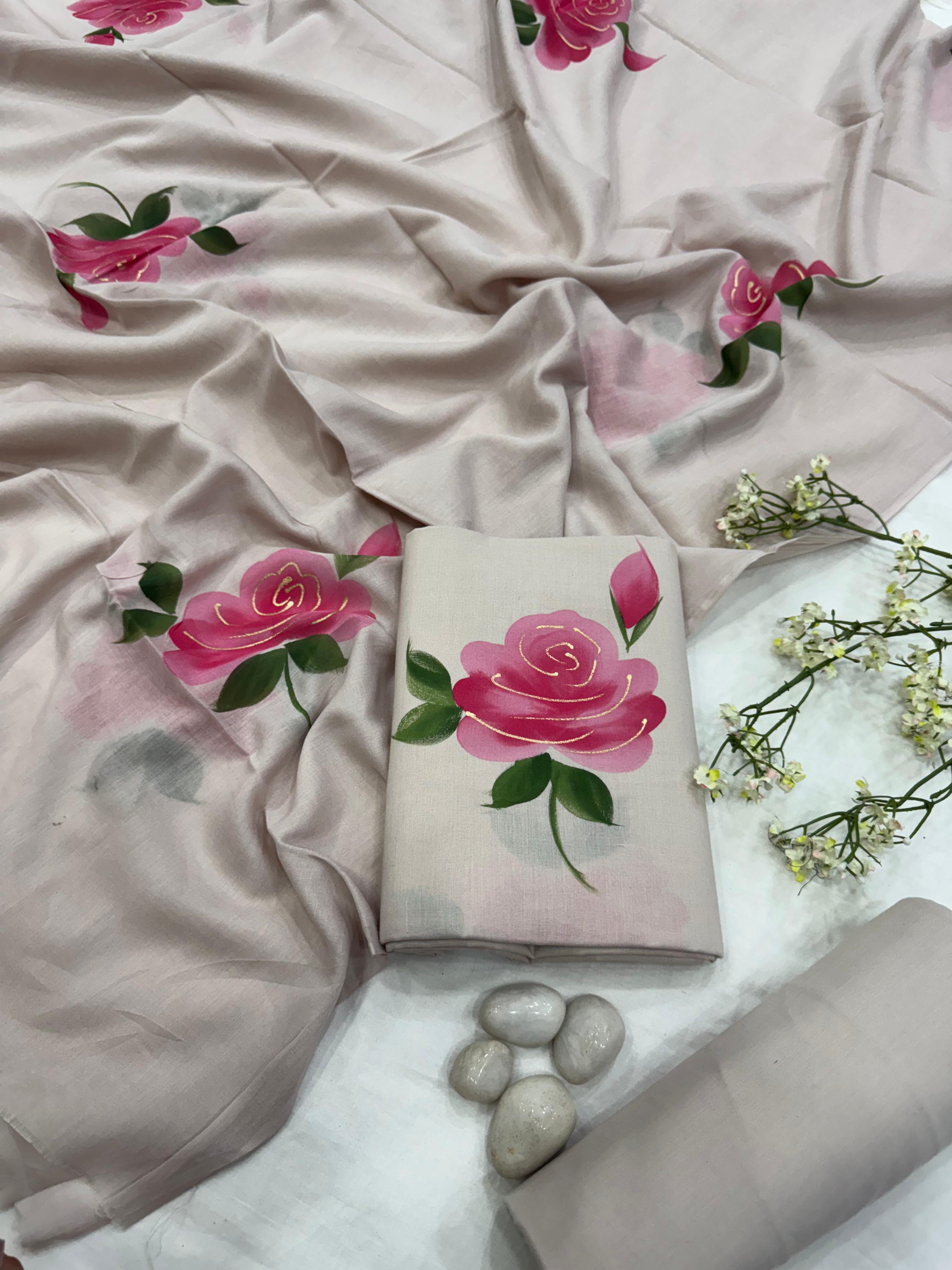 Wholesale White and Pink Handpainted Cotton Mul Dress Material – Artistic Design, Artisan-Crafted in Rajasthan for Designers, Boutiques, and Bulk Orders